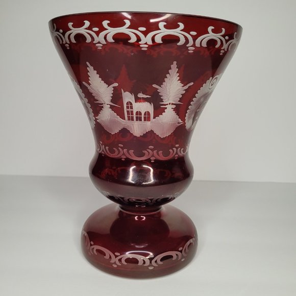 Egermann Bohemian Czech Cranberry Vase Ruby 7" Tall Red Cut to Clear Home Decor - Picture 2 of 6